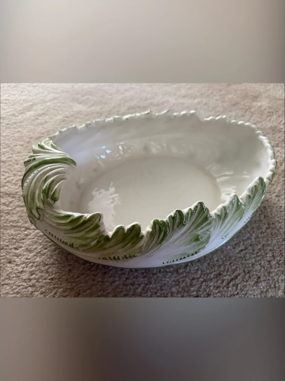 Leaf-Edge Ceramic Serving Bowl in White and Green
